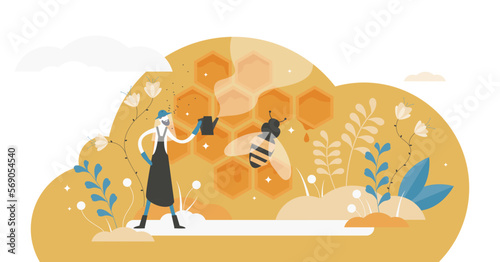 Beekeeping illustration, transparent background. Bee honey occupation in flat tiny persons concept. Insect nectar collection harvesting agriculture for healthy and tasty products.
