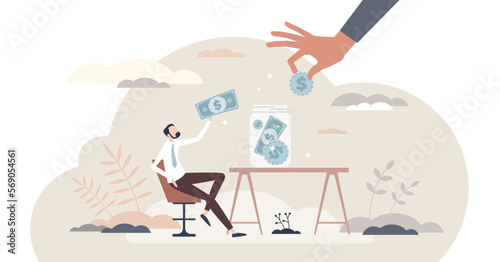 Budget planning and saving money with assets control tiny person concept, transparent background. Financial balance management as personal earnings and expenses planning illustration.