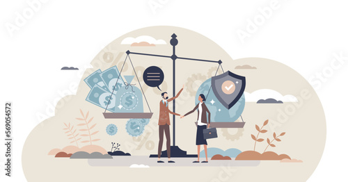 Business ethics as company moral aspect over finance tiny person concept, transparent background. Correct social responsibility and respect for nature or environment illustration.