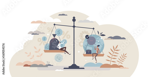 Business ethics as company moral aspect over finance tiny person concept, transparent background. Correct social responsibility and respect for nature or environment illustration.