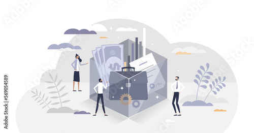 Business transparency as honest and trustful company tiny persons concept, transparent background. Corporation moral and ethics culture for customers and public illustration.