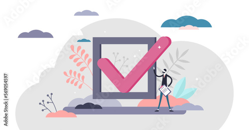 Checkmark approval concept, flat tiny person illustration, transparent background. Abstract check box option with a positive validation tick mark. Business survey choice sign.