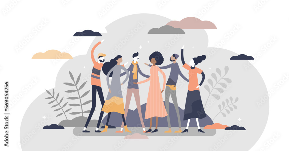 Friends togetherness in social community trust group scene flat tiny persons concept, transparent background. Cheerful communication in meeting with multiracial people illustration.