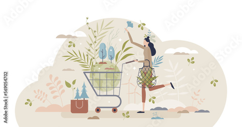 Eco friendly consumer with sustainable shopping habits tiny person concept, transparent background. Environmental care with reusable and green product choices illustration.