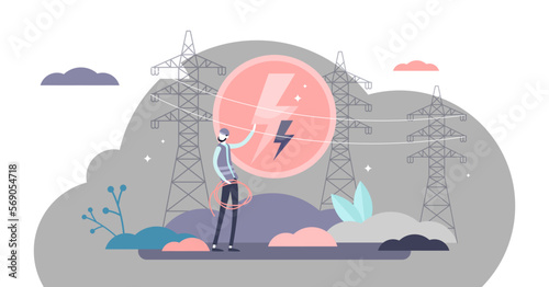 Electricity industry concept, flat tiny electrician worker person illustration with electrical poles and cables, transparent background. Circle lightning symbol sign.