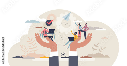 Employee retention and save company loyal workforce tiny person concept, transparent background. Staff satisfaction and insurance from HR or leader illustration.