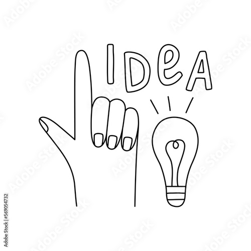 Gesture raised up forefinger idea light bulb. Idea concept icon in line style vector illustration
