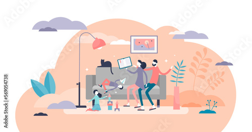 Family time illustration, transparent background. Parents together with children in flat tiny persons concept. Quality harmony relationship.