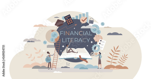 Financial literacy and education with learning from books tiny person concept, transparent background. Economic knowledge and personal skills development with reading courses illustration.