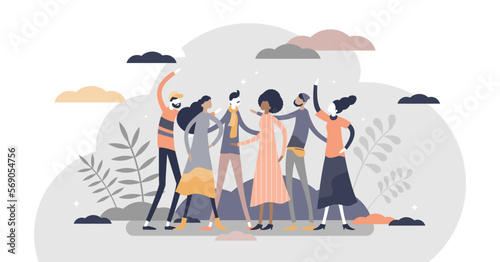 Friends togetherness in social community trust group scene flat tiny persons concept, transparent background. Cheerful communication in meeting with multiracial people illustration.