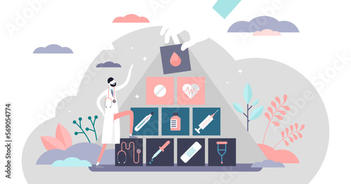 Health care pyramid illustration, transparent background. Medical system flat tiny person concept. Abstract blood, drugs, pills, injections, stethoscope or crutches as classical pharmacy items.