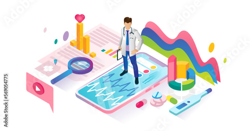 Healthcare app isometric cyberspace and tiny person concept illustration, transparent background. Virtual emergency health consultation application.