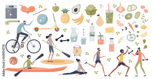 Healthy lifestyle with daily fitness workout and fruit with vegetables diet habits tiny person collection set, transparent background. Items with good shape or sports activities.