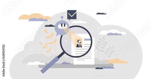 HR AI as human resources robots scanning CV for hiring tiny person concept, transparent background. Modern technologies searching for labor, and vacancy candidates illustration.