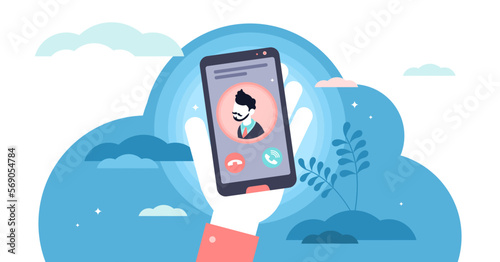 Incoming call concept flat tiny person illustration, transparent background. Hand holding phone to pick up conversation. Mobile screen with male contact profile avatar. Colleague or boss work.