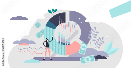 Market share illustration, transparent background. Percentage pie in tiny persons concept. Economical and financial measurement for whole industry sales. Statistics calculation and analysis.