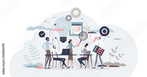 Marketing agency with advertisement and content creation tiny person concept, transparent background. Teamwork brainstorming process and client ads campaign for social media illustration.