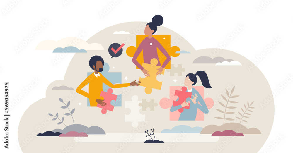 Team cooperation as business partnership or collaboration tiny person concept, transparent background. Jigsaw puzzle as creative ideas in brainstorming for startup company illustration. Team cooperation as business partnership or collaboration tiny person concept, transparent background. Jigsaw puzzle as creative ideas in brainstorming for startup company illustration.
