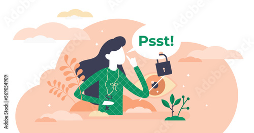 Secret illustration, transparent background. Private information in flat tiny persons concept. Privacy sign and confidential data guarding. Access to encrypted communication.