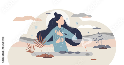 Self reiki as alternative medicine with energy healing tiny person concept, transparent background. Relaxation and recovery for yourself after trauma, disease.