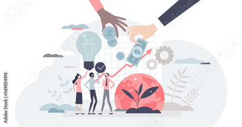 Social entrepreneurship as environmental idea funding tiny person concept, transparent background. Financing business to solve social, cultural, or ecological issues illustration.