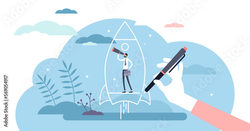 Startup vision illustration, transparent background. Business idea flat tiny persons concept. Abstract spaceship as company up plan and strategy. Creative innovation launch symbol as rocket.