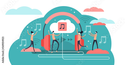 Streaming music illustration, transparent background. Flat tiny persons concept with headphones. Online broadcast service system for song listening without download.