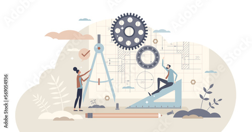 Technical drawing with mechanical blueprint design sketch tiny person concept, transparent background. Engineering or architect work with geometrical figures for tech project illustration.