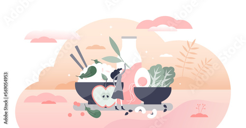 Vegetarian food diet lifestyle with menu meal example tiny person concept, transparent background. Dairy and eggs with fresh organic vegetables, greens and slow carbs illustration.