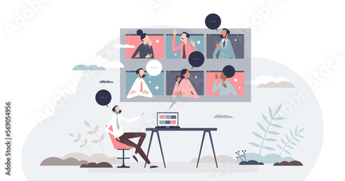 Virtual business event and video call connection for team tiny person concept, transparent background. Distant company employees meeting and discussion as smart online solution.