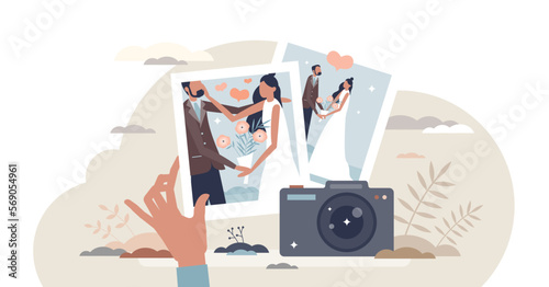 Wedding photography shooting with pictures from love celebration tiny person concept, transparent background. Engagement event romantic photos for memories illustration.
