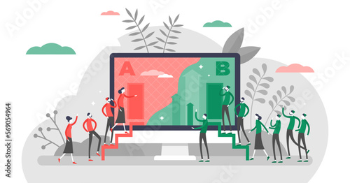 A B split test marketing concept, flat tiny persons illustration with two people groups, transparent background. User experience test resulting in better conversions.