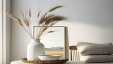 Modern white ceramic vase with dry Lagurus ovatus grass and marble tray on vintage wooden bench, table. Blurred beige linen blanket in front. Scandinavian interior. Empty white wall, copy space