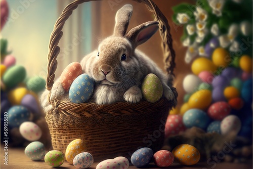Easter bunny with many colorful eggs created with generative ai technology