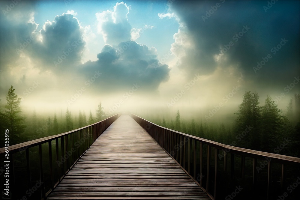 Landscape with a bridge to the clouds, created with Generative AI technology
