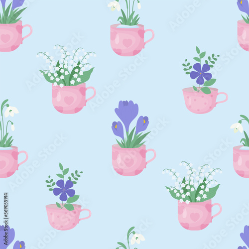 Spring floral seamless pattern. Bouquet flowers of snowdrop, May lilies of the valley, purple crocuses and periwinkle in cups on light blue background. Vector illustration.