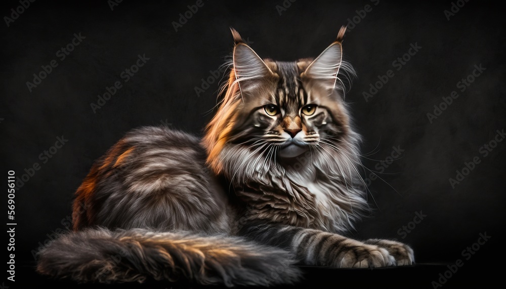 maine coon facing forward on black background