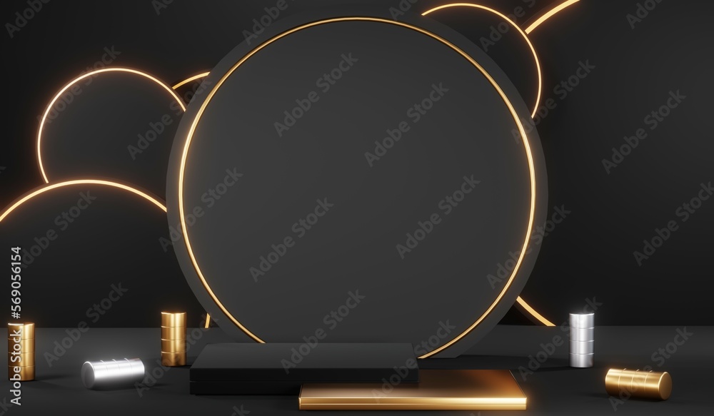 3d render black podium background showcases a premium, minimal and modern design with a combination of geometric shapes, golden glitter and a realistic studio room setting, creating a perfect platform 3d render black podium background showcases a premium, minimal and modern design with a combination of geometric shapes, golden glitter and a realistic studio room setting, creating a perfect platform