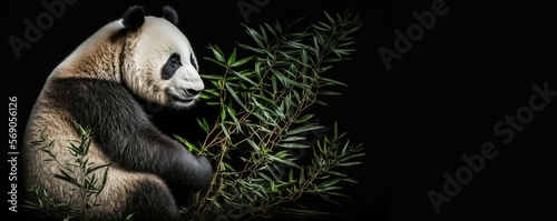 panda eating bamboo facing sideways on black background