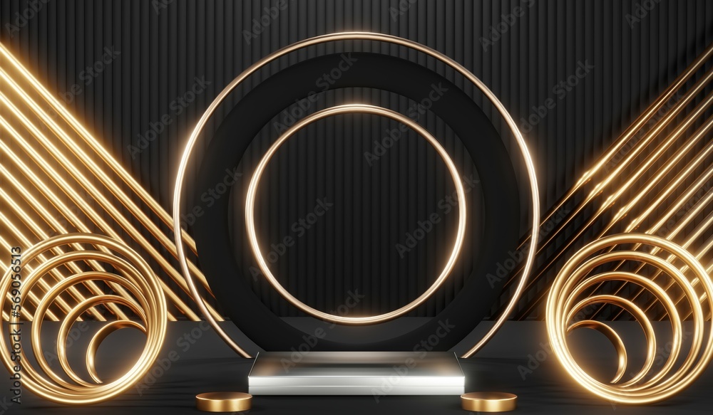 3d render black podium background showcases a premium, minimal and modern design with a combination of geometric shapes, golden glitter and a realistic studio room setting, creating a perfect platform 3d render black podium background showcases a premium, minimal and modern design with a combination of geometric shapes, golden glitter and a realistic studio room setting, creating a perfect platform