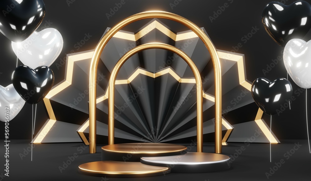 3d render black podium background showcases a premium, minimal and modern design with a combination of geometric shapes, golden glitter and a realistic studio room setting, creating a perfect platform
