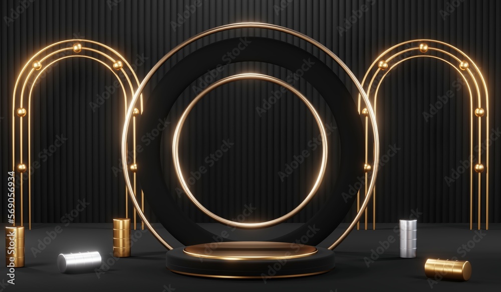 3d render black podium background showcases a premium, minimal and modern design with a combination of geometric shapes, golden glitter and a realistic studio room setting, creating a perfect platform 3d render black podium background showcases a premium, minimal and modern design with a combination of geometric shapes, golden glitter and a realistic studio room setting, creating a perfect platform
