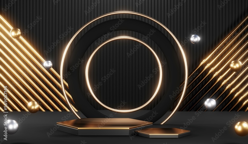 3d render black podium background showcases a premium, minimal and modern design with a combination of geometric shapes, golden glitter and a realistic studio room setting, creating a perfect platform 3d render black podium background showcases a premium, minimal and modern design with a combination of geometric shapes, golden glitter and a realistic studio room setting, creating a perfect platform