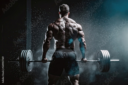 back of a muscular male athlete in a sports gym lifting a barbell. Generative AI