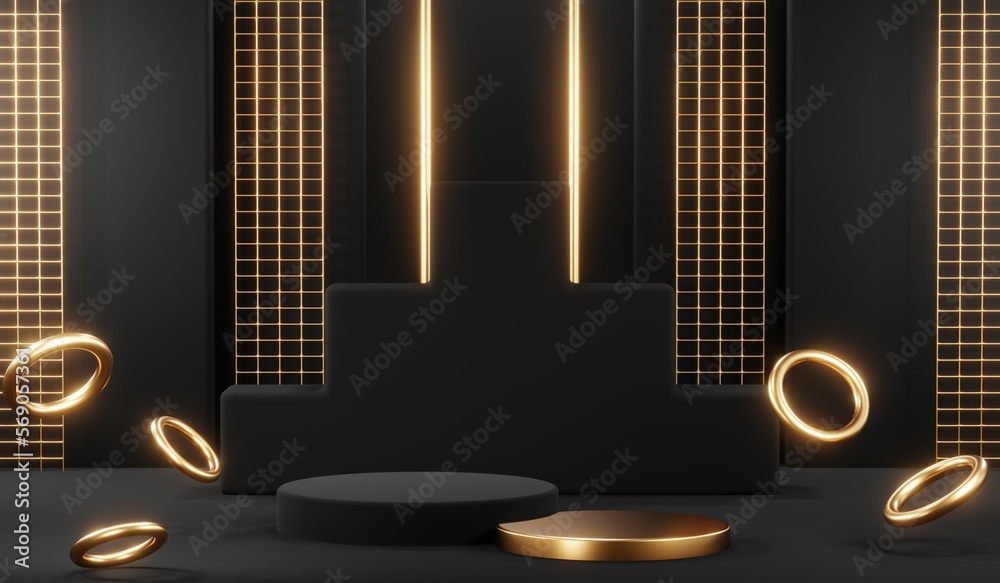 3d render black podium background showcases a premium, minimal and modern design with a combination of geometric shapes, golden glitter and a realistic studio room setting, creating a perfect platform