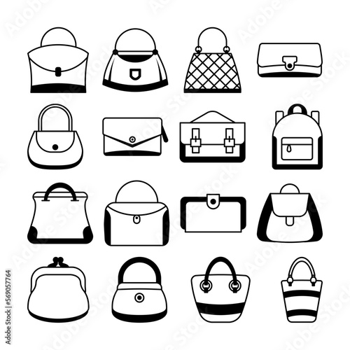 Side bag Carry bag purse bag school bag vector icons, or tech pack set