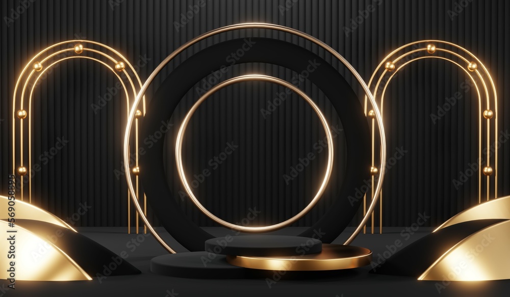 3d render black podium background showcases a premium, minimal and modern design with a combination of geometric shapes, golden glitter and a realistic studio room setting, creating a perfect platform 3d render black podium background showcases a premium, minimal and modern design with a combination of geometric shapes, golden glitter and a realistic studio room setting, creating a perfect platform