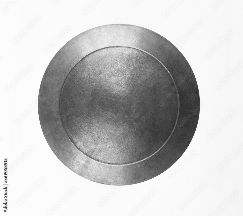 ancient round iron shield isolated on white background - obrazy, fototapety, plakaty 