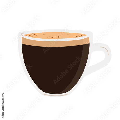 Hot fresh black specialty coffee in transparent glass cup. Mug of arabic americano with foam on top. Colored flat hand drawn vector illustration in trendy minimalist style isolated on white background