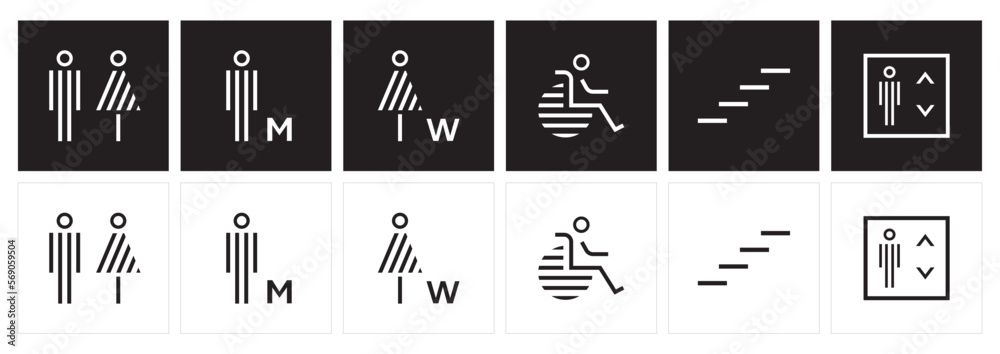 male and female toilet symbols. disabled icon. gender icon. restroom pictogram. Elevator and stairs public signage. WC signage	
